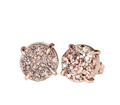 Gold Druzy Gemstone Prong Stud Earring- Real Druzy Rose Gold- 10mm- Women's Jewelry Gift Idea-Bac... | Amazon (US)