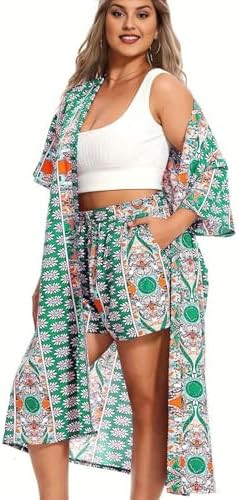 Plus Size Womens Floral 2 Piece Kimono Set MidLength Bohemian Cardigan with Shorts, Lightweight S... | Amazon (US)