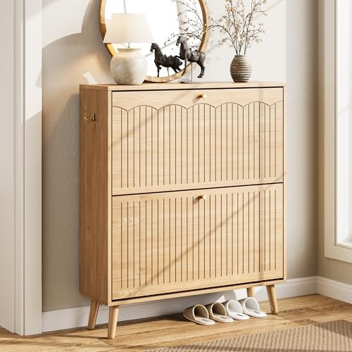 Nicetree Shoe Cabinet Storage for Entryway, 2-Flip Drawer Narrow Shoe Rack with 3-Level Adjustable Shelves, Slim Wood Storage Cabinets for Small Spaces Luminous Natural Oak | Amazon (US)
