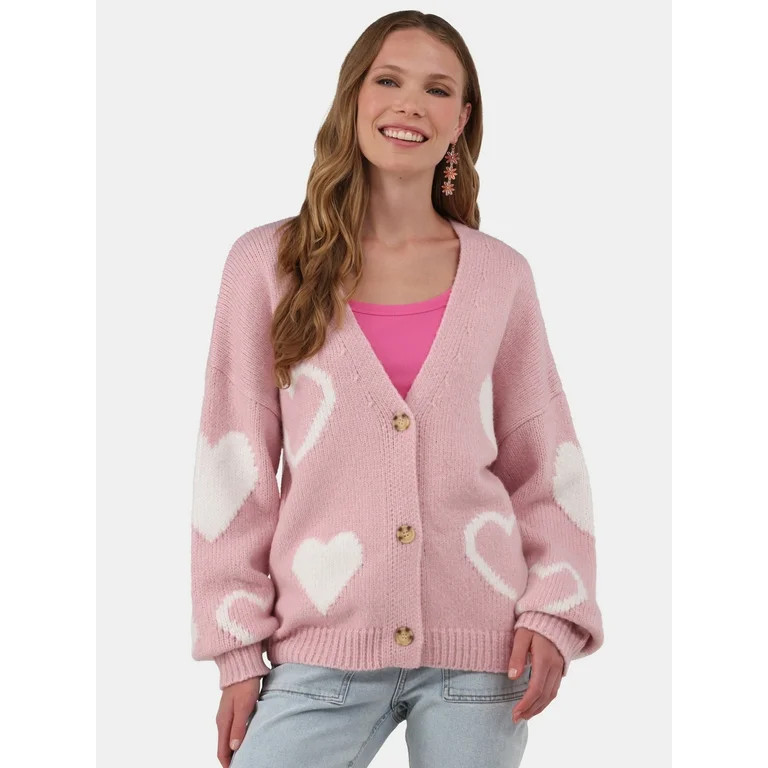 No Boundaries Button-Front Heart-Print Cardigan, Midweight, Women's and Women’s Plus Sizes XXS ... | Walmart (US)