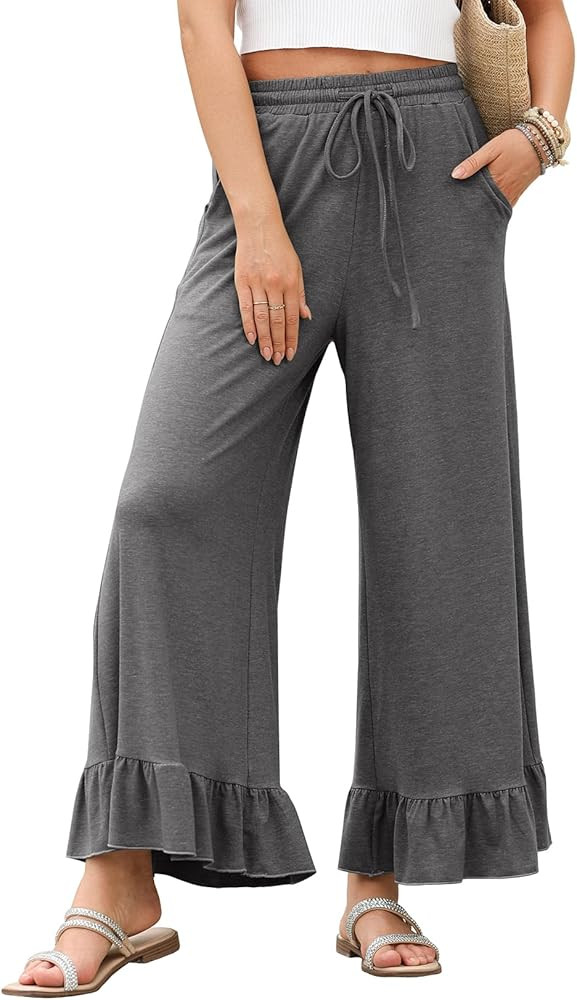 EVALESS Womens Wide Leg Pants Drawstring Elastic High Waisted Ruffle Hem Palazzo Pants with Pocke... | Amazon (US)