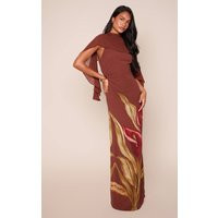 Brown Floral Printed Chiffon Cape Overlay Maxi Dress | PrettyLittleThing UK