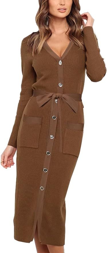 Welity Women's Sweater Dress Button Down Long Sleeve Belted Knit Dress | Amazon (US)