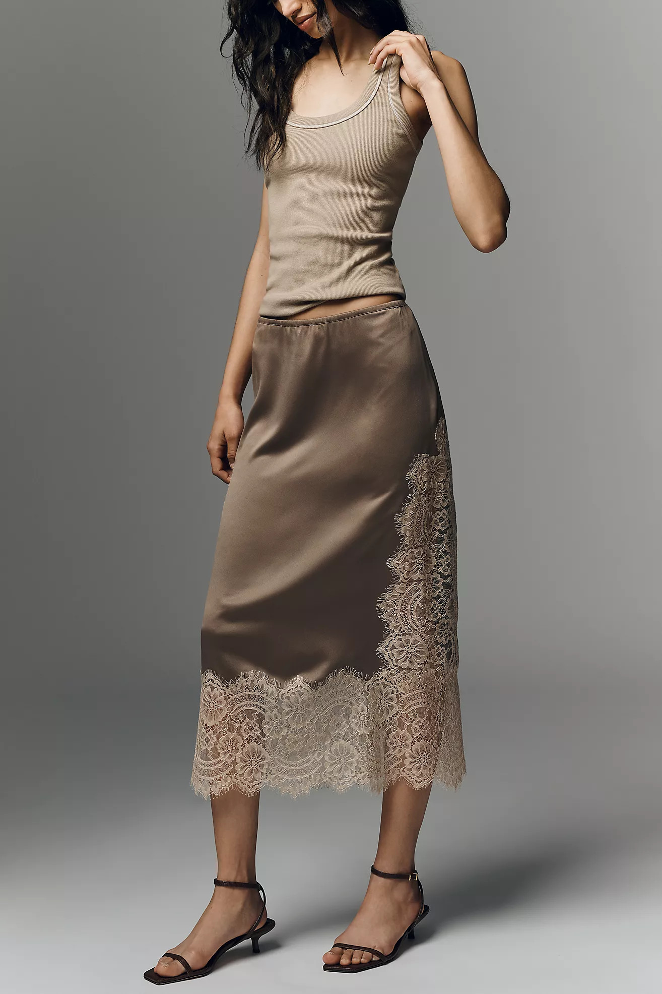 Bl-nk Cinzia Laced Satin Midi Skirt | Anthropologie (US)