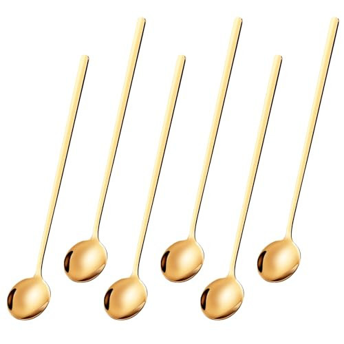 6 Pcs 6.7 Inches Coffee Spoons, Teaspoons, Long Handle Iced Tea Spoon, Espresso Spoons, Gold Spoons, Dessert Spoons, Food Grade Stainless Steel Stirring Spoons for Coffee Bar Accessories | Amazon (US)