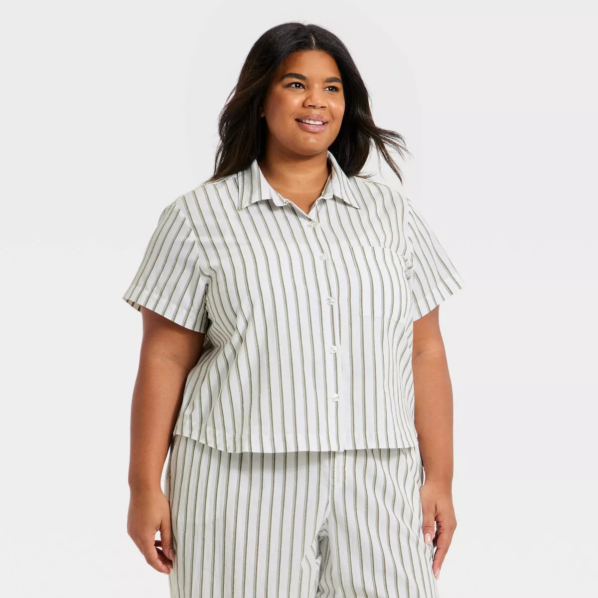 Women's Striped Cotton Blend Short Sleeve Pajama Shirt - Auden\u2122 Olive Green/White 1X | Target