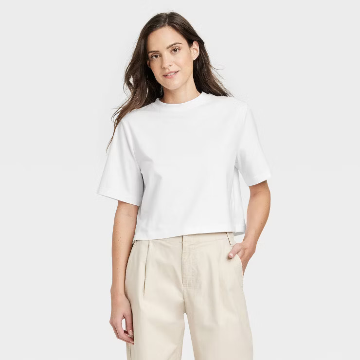 Women's Elbow Sleeve Boxy Cropped T-Shirt - A New Day™ | Target