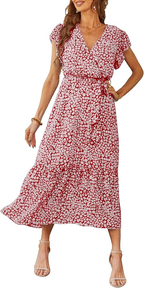 PRETTYGARDEN Women's Summer Floral Boho Maxi Dress Short Sleeve Wrap V Neck Ruffle Long Flowy Bea... | Amazon (US)