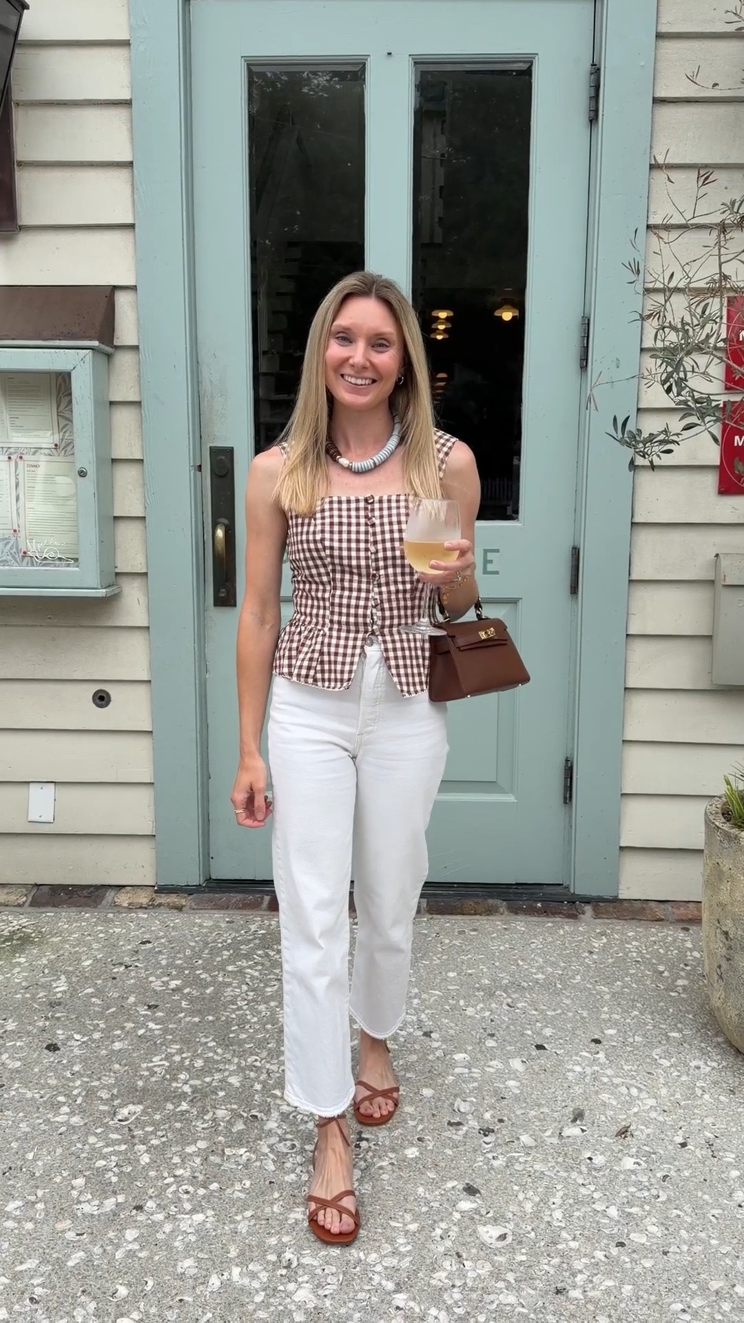 The cutest brown gingham top to dress up any outfit - love it paired with white jeans or the matching shorts! My sandals are a $50 design dupe and so comfortable!

#LTKgrwm #LTKootd #LTKmomlife