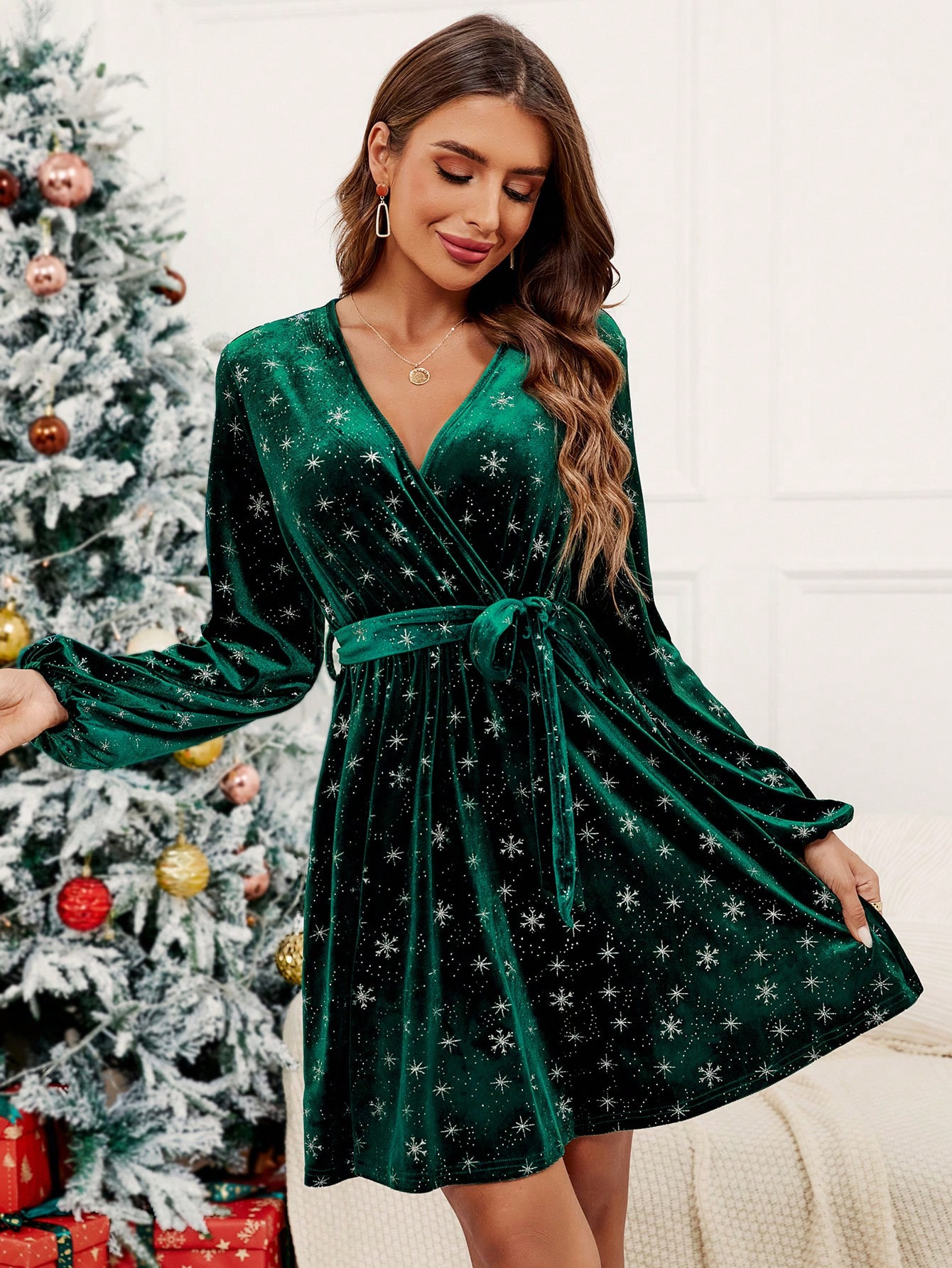 SHEIN Clasi Snowflake Print Lantern Sleeve Belted Velvet Dress | SHEIN USA | SHEIN