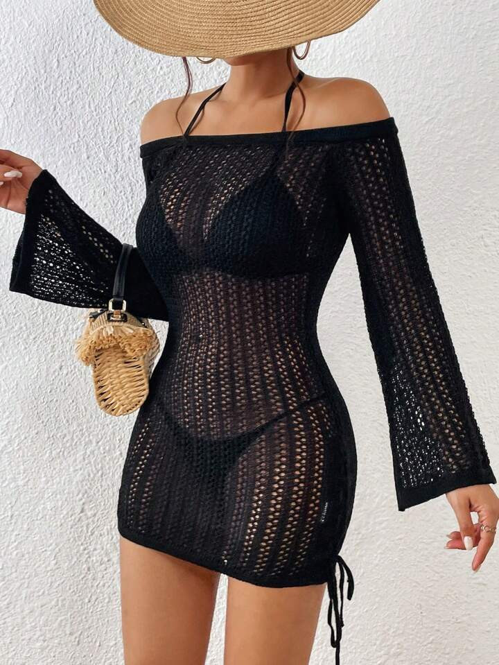 SHEIN VCAY Hollow Out Drawstring Side Off Shoulder Cover Up Dress Without Bikini Set | SHEIN