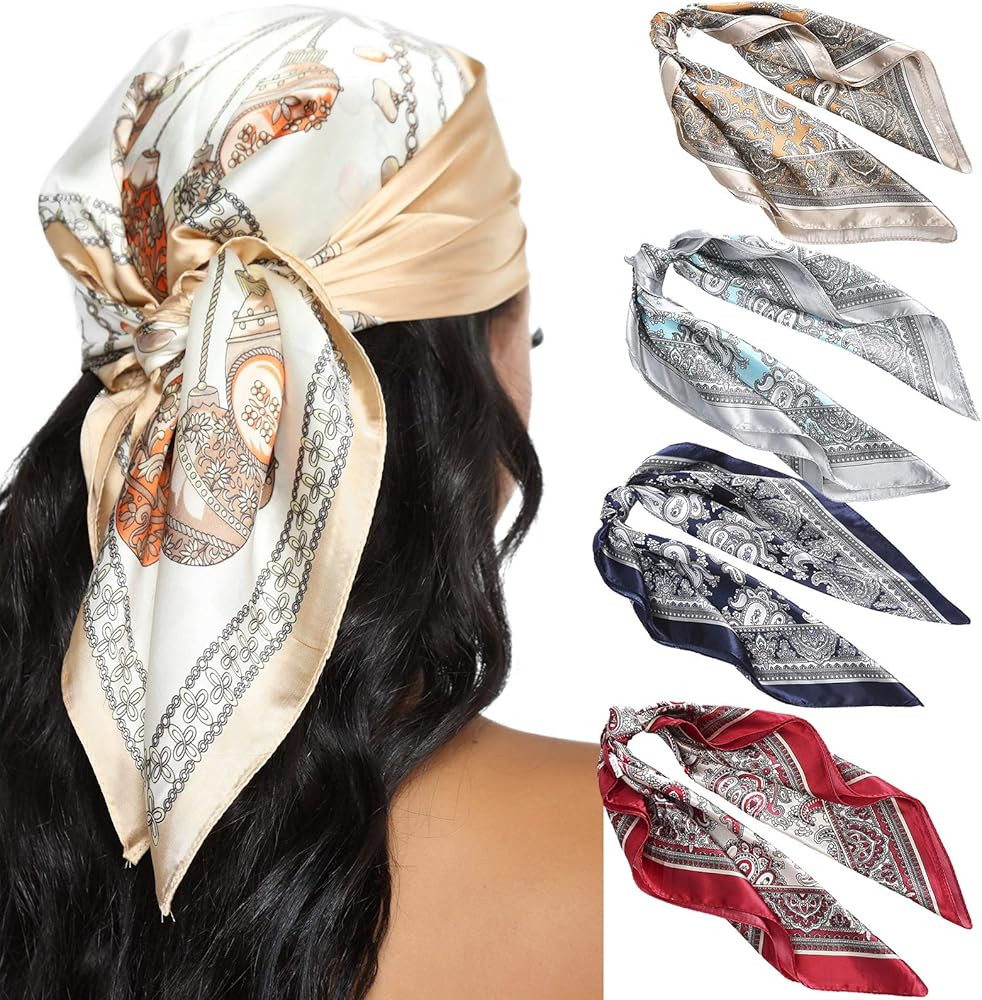 23.6 Inches Satin Head Scarves for Women 4PCS Square Silk Like Hair Scarves Silk Hair Bandanas | Amazon (US)