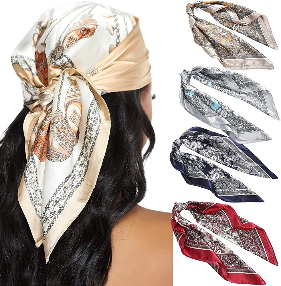 23.6 Inches Satin Head Scarves for Women 4PCS Square Silk Like Hair Scarves Silk Hair Bandanas | Amazon (US)