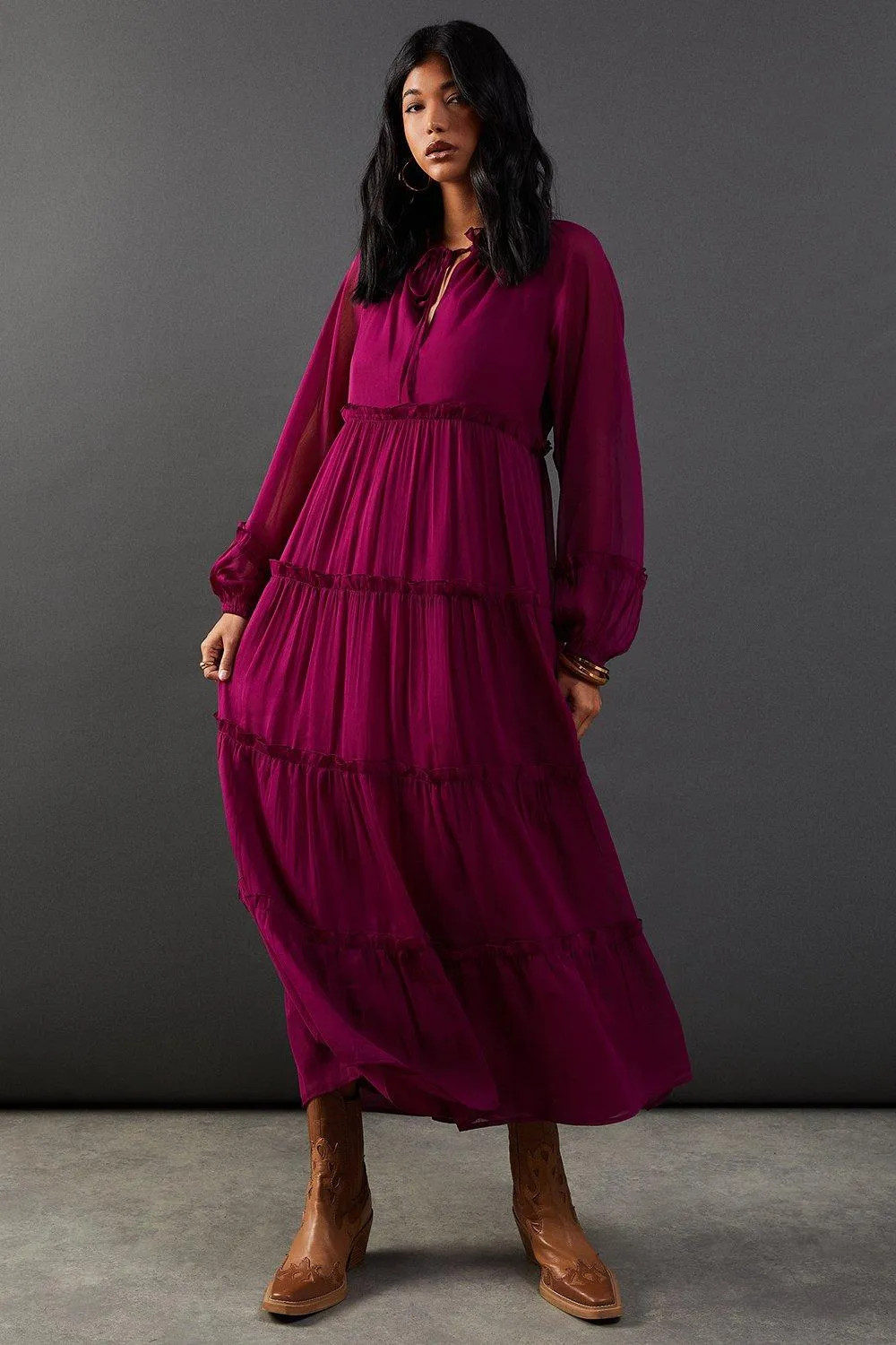 Chiffon Tie Neck Tier Midi Smock Dress | Debenhams UK