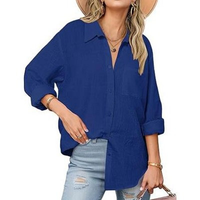 Zeagoo Women's Button Down Shirts Long Sleeve Cotton Gauze Tops Casual Collared Blouses Loose Fit-Navy Blue-S | Target