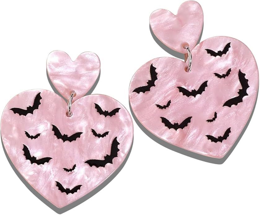 Heart Dangle Earrings for Women, Pink Acrylic Drop Earrings with Bats Decoration, Halloween Party... | Amazon (US)