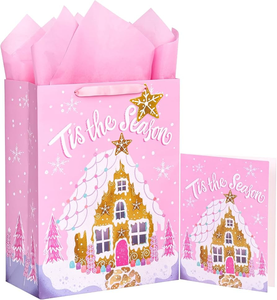 WRAPAHOLIC 13" Christmas Large Gift Bag with Card and Tissue Paper - Gingerbread House with Tis t... | Amazon (US)