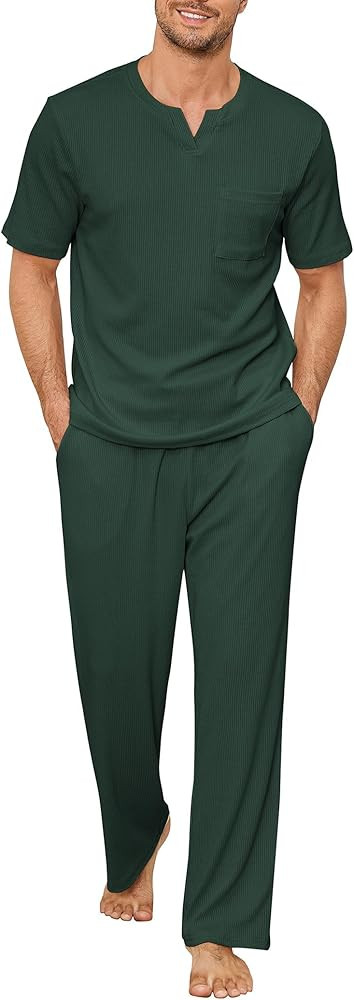 JiniGolla Mens Pajamas Set Soft Short Sleeve Top and Pant Loungewear Sets 2 Piece Pjs with Pocket... | Amazon (US)