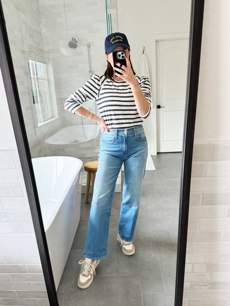 The cutest basics for Spring from Ambiance! Love the detailed shoulder on this striped top and these jeans run tts and are so soft and stretchy. 