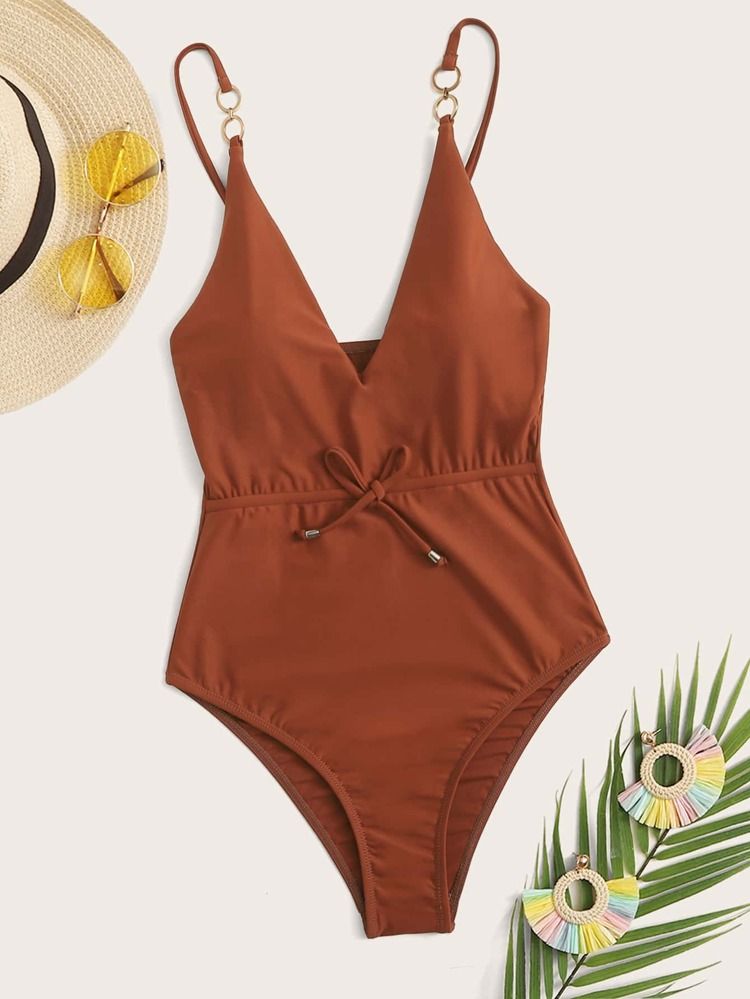 Ring Linked Strap One Piece Swimsuit | SHEIN