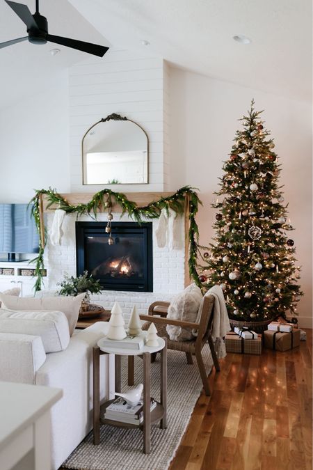 Christmas living room decor inspiration. Christmas tree, Christmas decor, Christmas garland, brass mirror  

#LTKstyletip #LTKHoliday #LTKhome