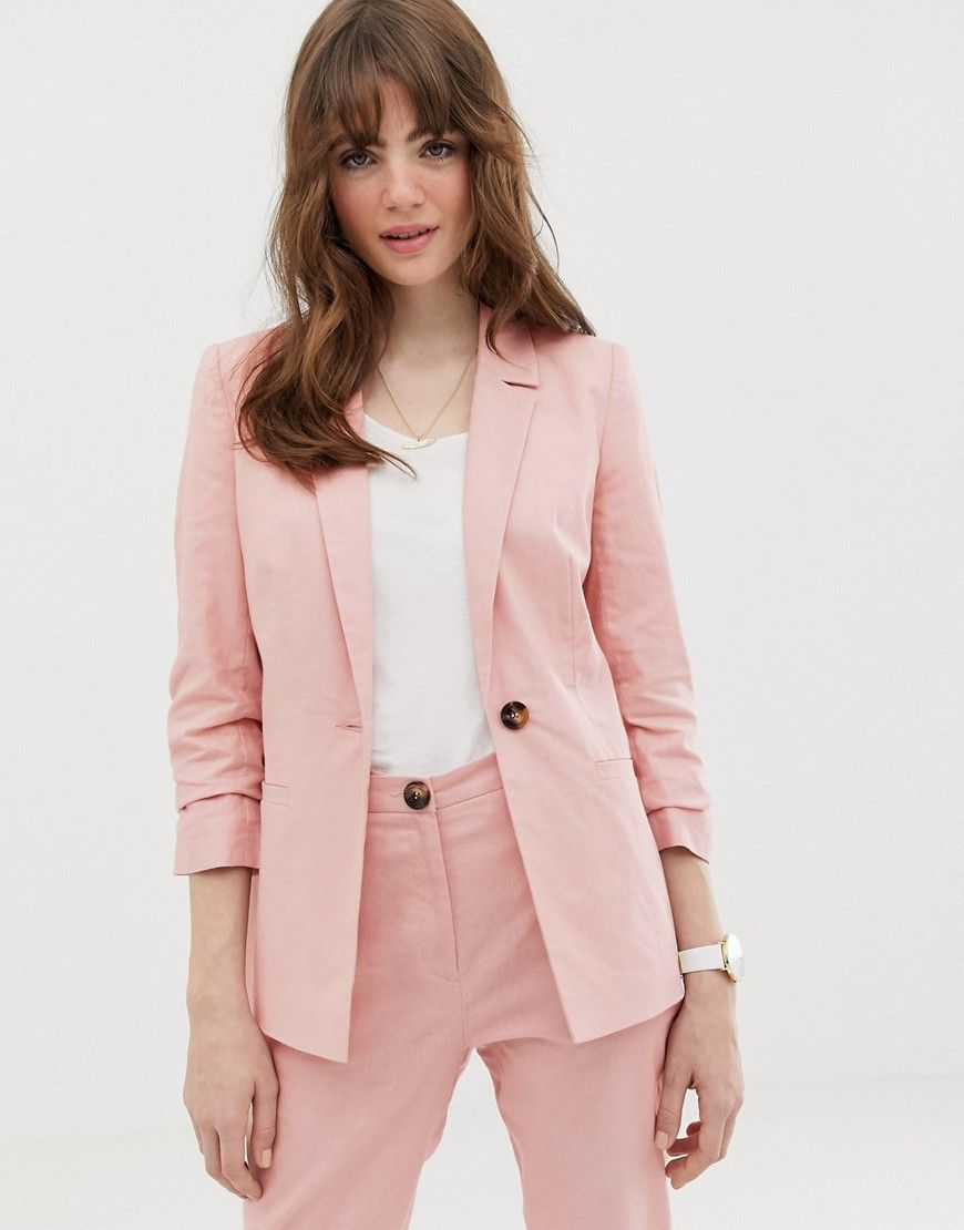 ASOS DESIGN linen blazer with ruched sleeve - Pink | ASOS US