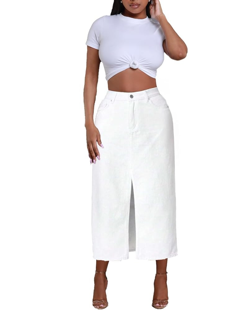 Jean Skirt for Women Denim Skirt High Waist Stretch Midi Denim Skirts with Pockets | Amazon (US)