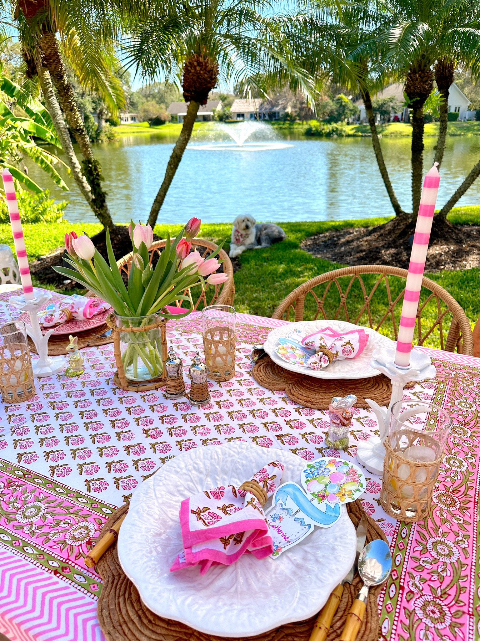Our Easter tablescape in Vero Beach, FL! Complete with the sweetest pink and green block print tablecloth, seagrass glassware, rattan chargers, cabbage plates, white floral candle holders, and more! 🌸🥬🤍 #tablescape #pinkandgreen 

#LTKsalealert #LTKparties #LTKhome