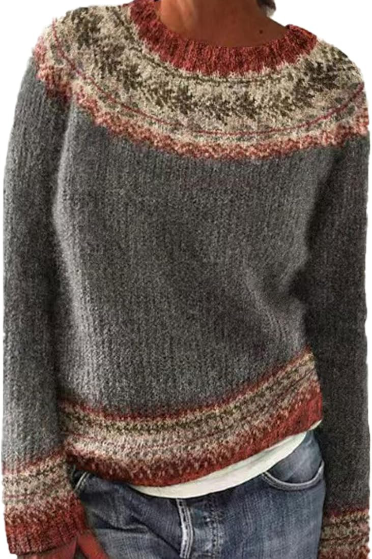 Women Fair Isle Sweater Boho Crewneck Knitted Long Sleeve Pullover Sweater Fall Warm Oversized Pu... | Amazon (US)