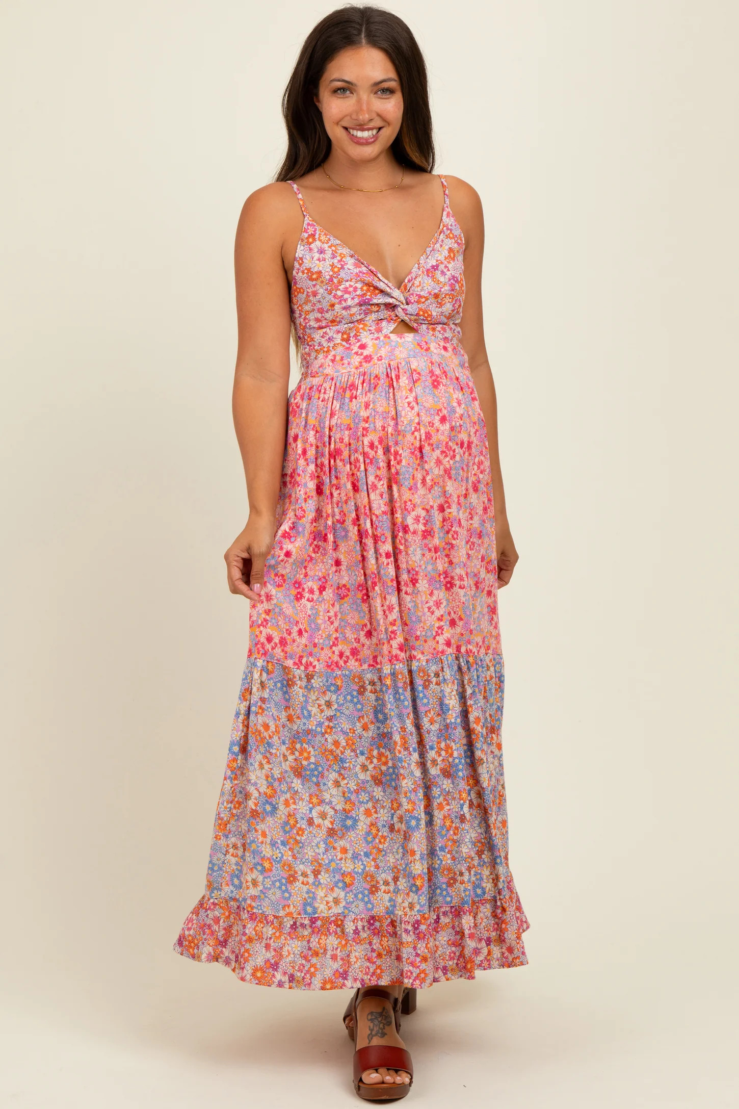 Pink Floral Twist Front Cut Out Tiered Maternity Maxi Dress | PinkBlush Maternity
