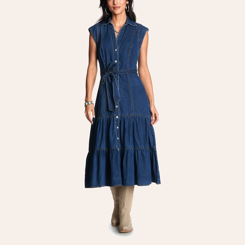 Rockin C Women's Dark Wash Sleeveless Tiered Denim Midi Dress | Cavender's