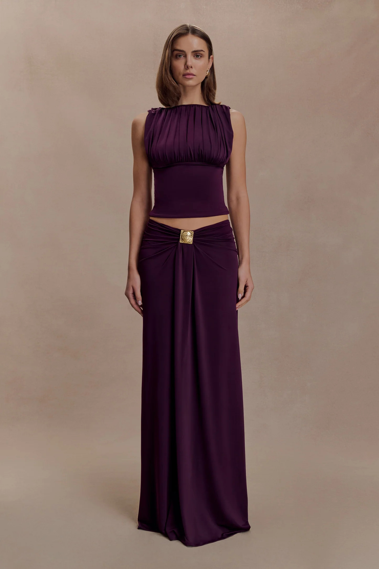 Slinky Ruched Maxi Skirt With Hardware - Aubergine | MESHKI US