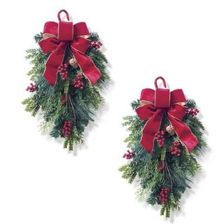 Christmas Cheer Chairback Swag Set with Velvet Ribbon & Lifelike Greenery | Frontgate