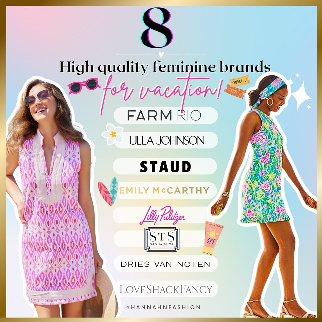 💖8 high quality feminine brands for vacation 👇🏻

Going to travel soon and love discovering new dress brands? Save this list and get ready for some gorgeous resort looks ❤️❤️❤️ 

1. FARM RIO
2. ULLA JOHNSON
3. STAUD
4. EMILY MCCARTHY
5. LILLY PULITZER
6. SAIL TO SABLE
7. DRIES VAN NOTEN
8. LOVE SHACK FANCY

Which one is your favourite? ✨

Follow @hannahnfashion on insta for more outfit ideas and weekly freebies! 💖 see you there loves!

#tropicaldress #femininedress #resortdress #farmrio #ullajohnson #staud #emilymccarthy #lillypulitzer #sailtosable #driesvannoten #loveshackfancy

#LTKTravel #LTKSeasonal #LTKU