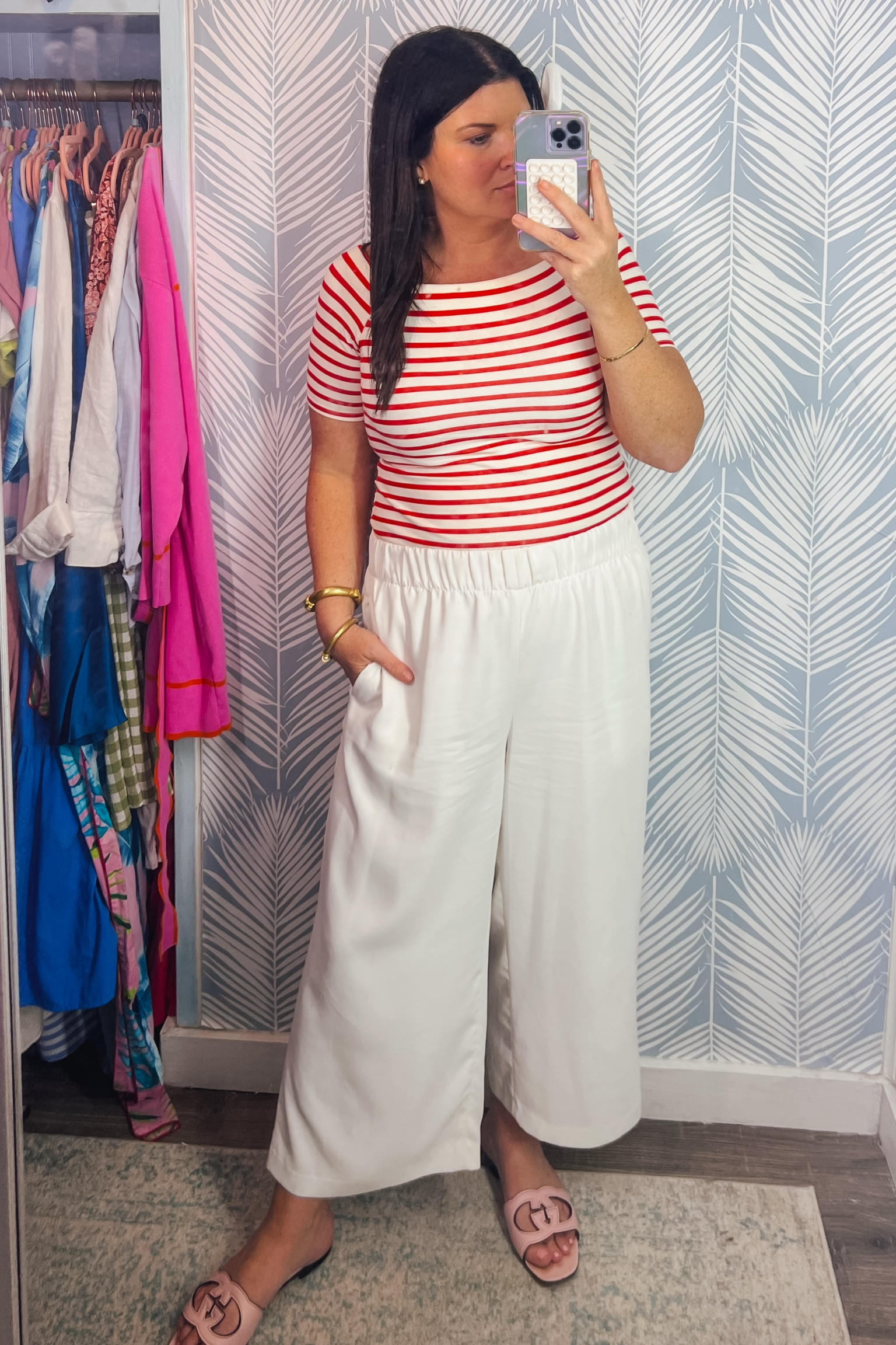 Red stripes and flowy white pants ootd 

#LTKMidsize #LTKOver40 #LTKShoeCrush