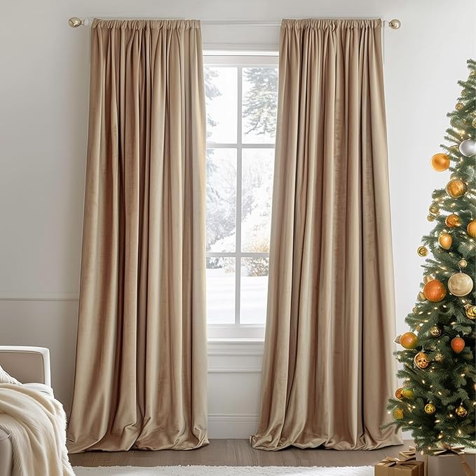 Lazzzy Velvet Curtain Beige Thermal Insulated Curtains 96 Inch Long Drapes for Bedroom Living Roo... | Amazon (US)