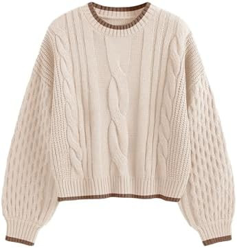 ZAFUL Women's Solid Knit Cable Sweater Casual Long Lantern Sleeve Pullover Crew Neck Knitted Tops | Amazon (US)