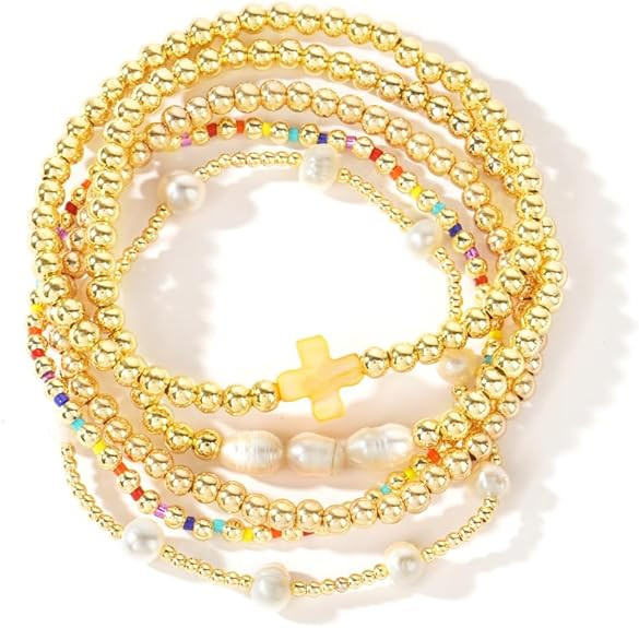 14K Gold Pearl Beaded Cross Bracelets Stack Set for Women,Stretch Boho Colorful Christian Beads B... | Amazon (US)