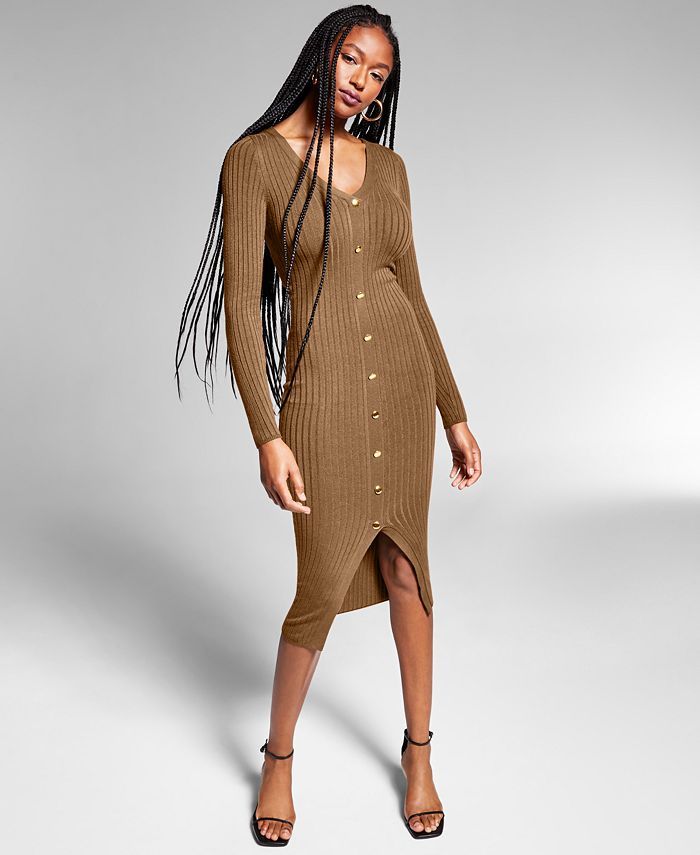 INC International Concepts Jeannie Mai X INC Jeannie Rib Button-Detail Midi Sweater Dress, Regula... | Macys (US)