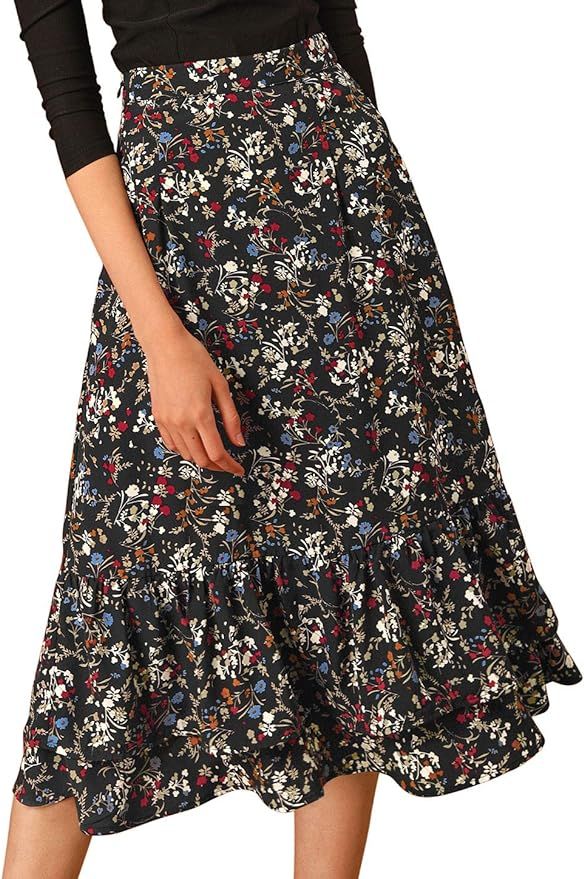 Allegra K Women's Printed Elastic Waist Tiered Ruffle Hem Flowy Midi Skirt | Amazon (UK)