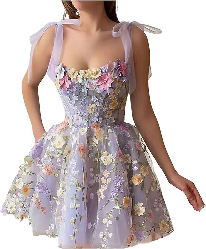 Summer Floral Tie Strap Tulle Prom Dresses for Women 2024 Fairy Embroidery Lace Applique Party Mi... | Amazon (US)