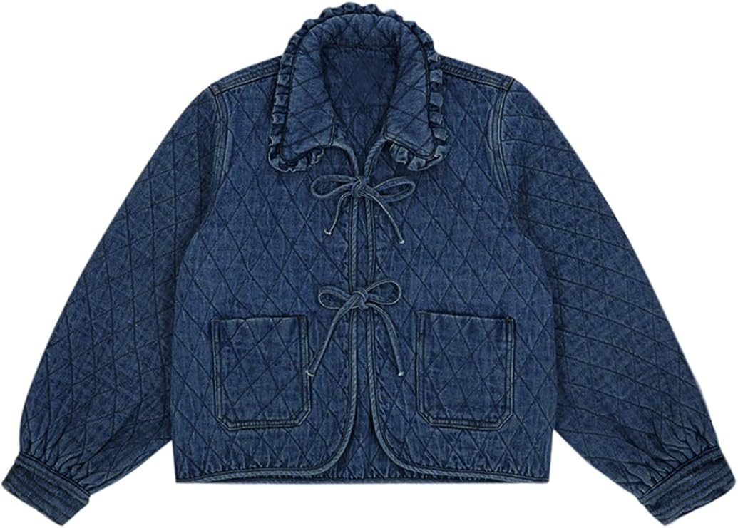 Tankaneo Womens Quilted Denim Puffer Jackets Tie Front Bow Cropped Puffy Jackets Fall Cute Short ... | Amazon (US)
