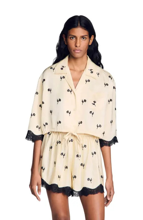 SANDRO Cropped floral embroidered shirt in Vanilla at Nordstrom, Size X-Small | Nordstrom