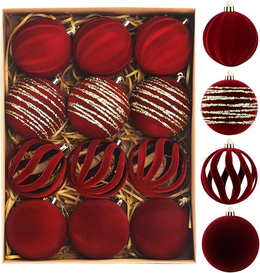 Christmas Ornaments Set of 12, 3.15" Flocked Velvet Balls with Hand Painted Designs, Burgundy Ele... | Amazon (US)