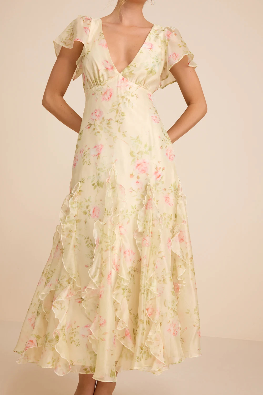 Deluca Light Green Floral Ruffled Midi Dress | Lulus