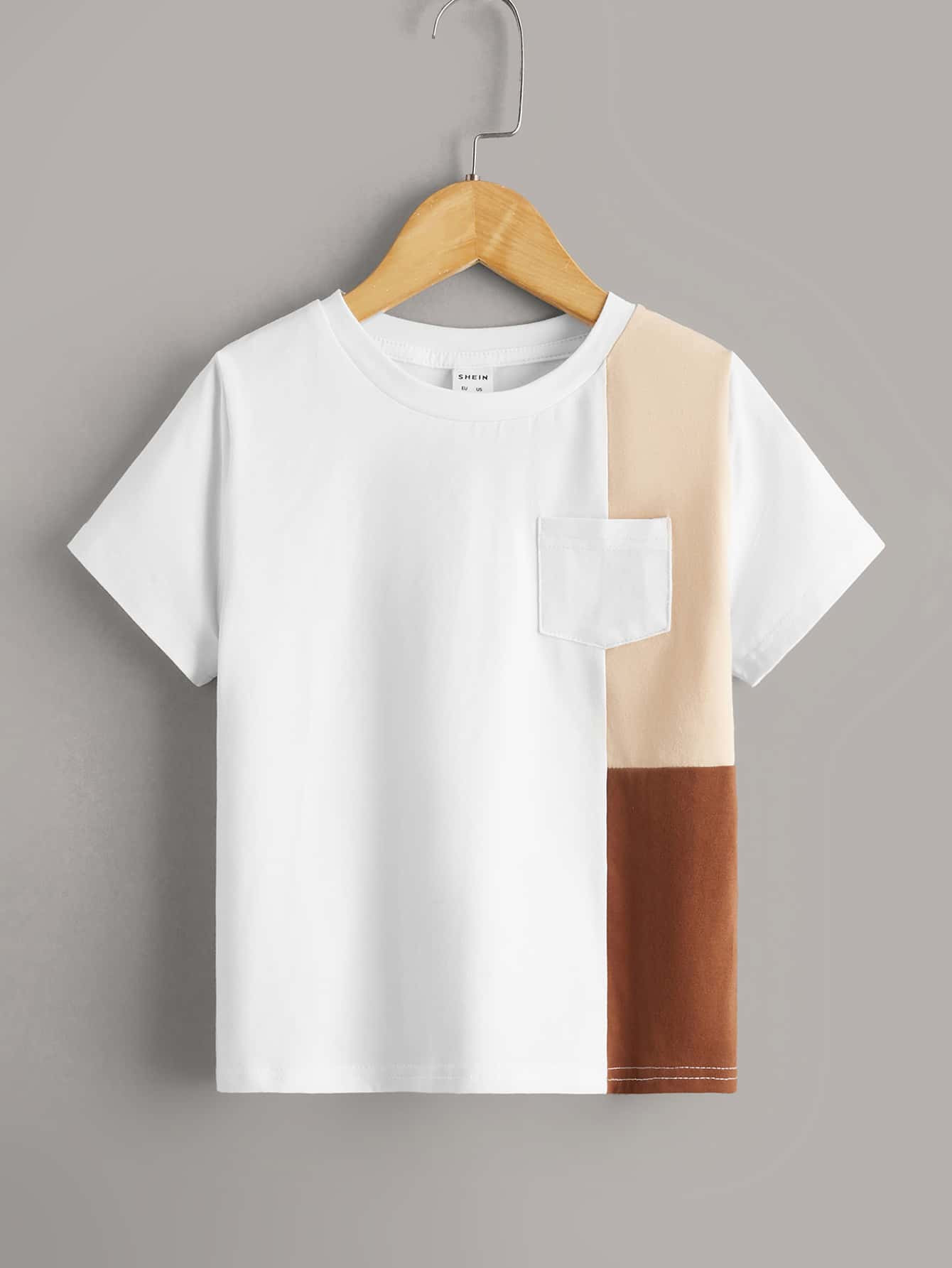SHEIN Young Boys' Solid Color Splice Round Neck Short-Sleeve T-Shirt With Pocket - Casual Everyda... | SHEIN
