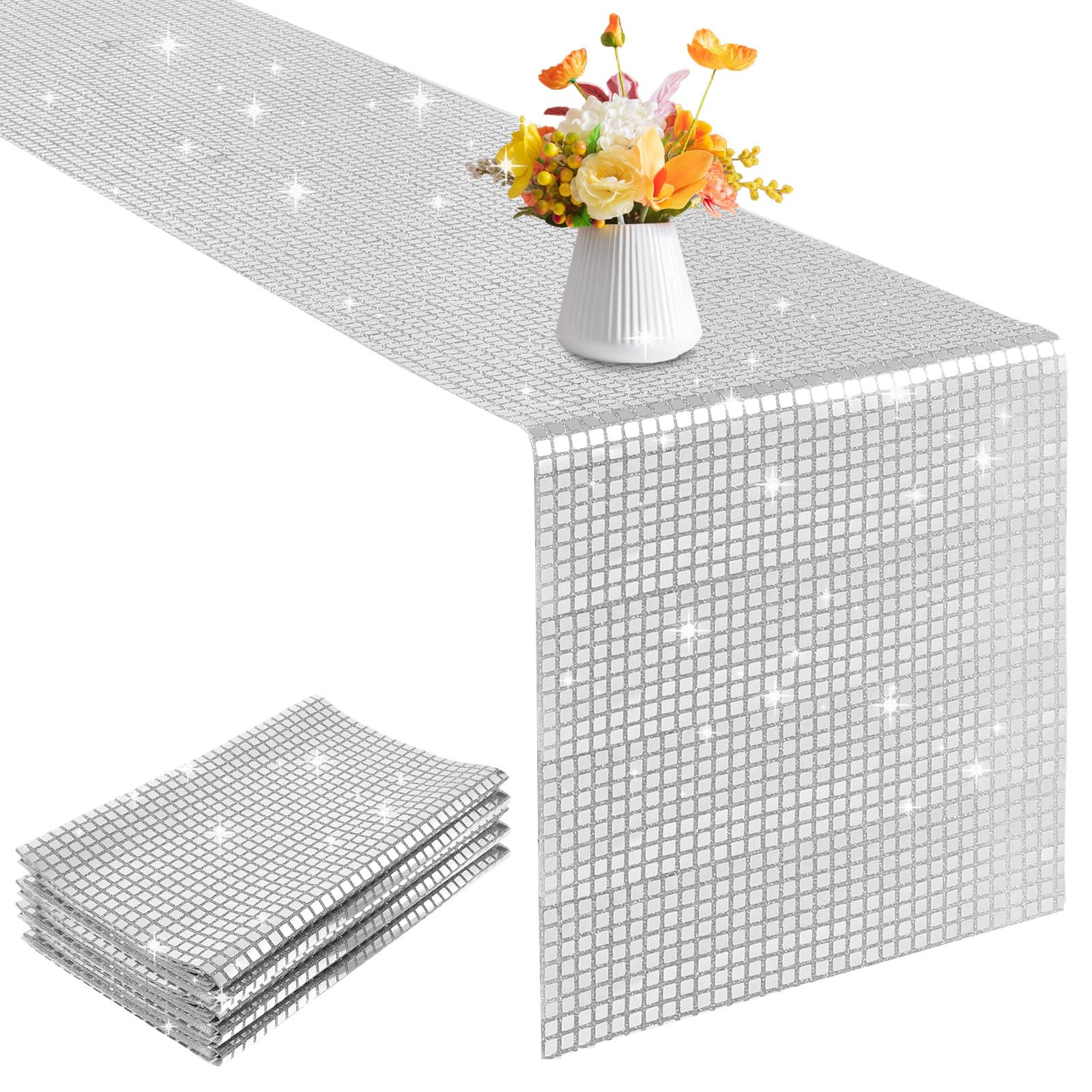 4 Pack Glitter Disco Party Table Runner 12 x 108 Inches Mirror Silver Foil Decor for 70s 80s Disc... | Amazon (US)