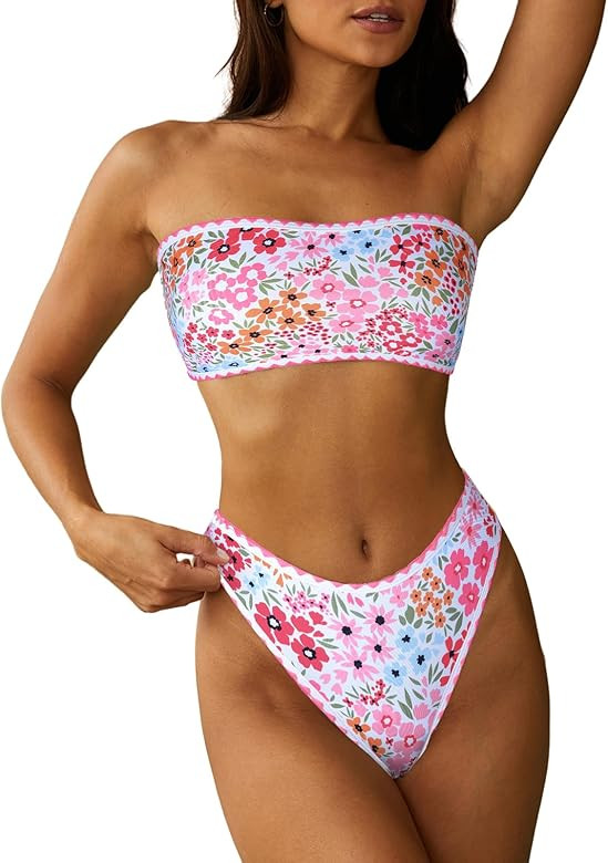 ZAFUL Women Strapless Wave Bandeau Bikini 2 Piece Swimwear Cheeky Solid Lace up Bathing Suits | Amazon (US)