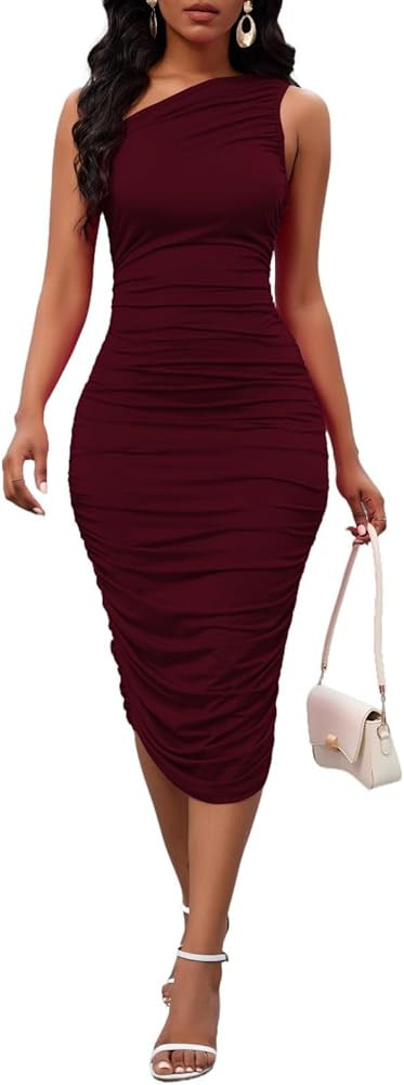 Women's Sexy One Shoulder Dresses Sleeveless Party Club Ruched Cocktail Wedding Guest Bodycon Mid... | Amazon (US)