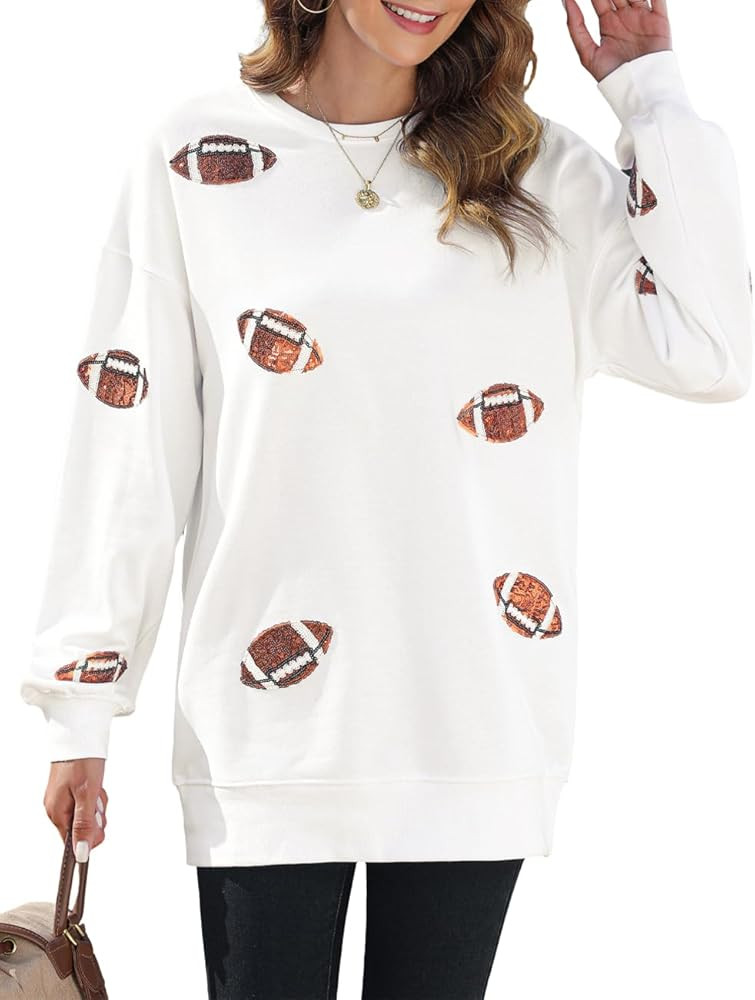 Ecosunny Women's Casual Holiday Game Day Sweatshirt Sequin Print Round Neck Long Sleeve Loose Pul... | Amazon (US)
